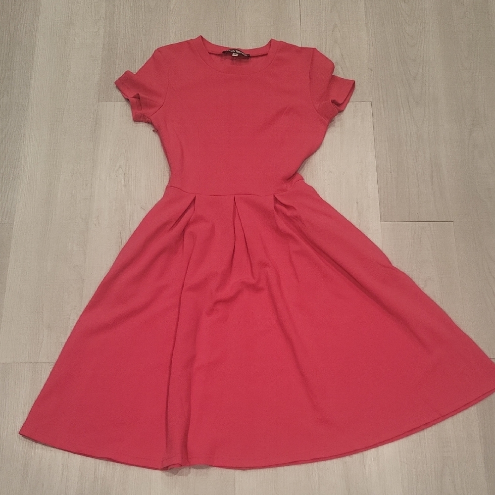 Vibrant  Pink Casual Midi Dress with Puff Sleeves and A-line Style